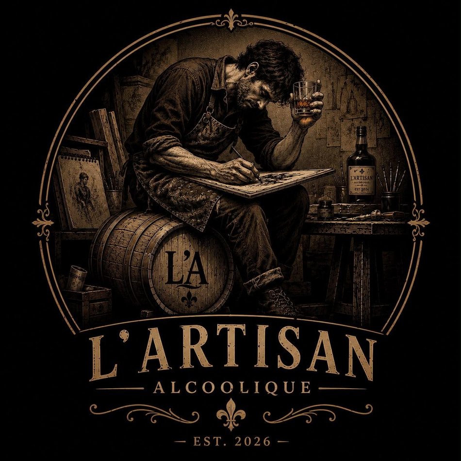 The L'Artisan Alcoolique emblem — the craftsman at his barrel
