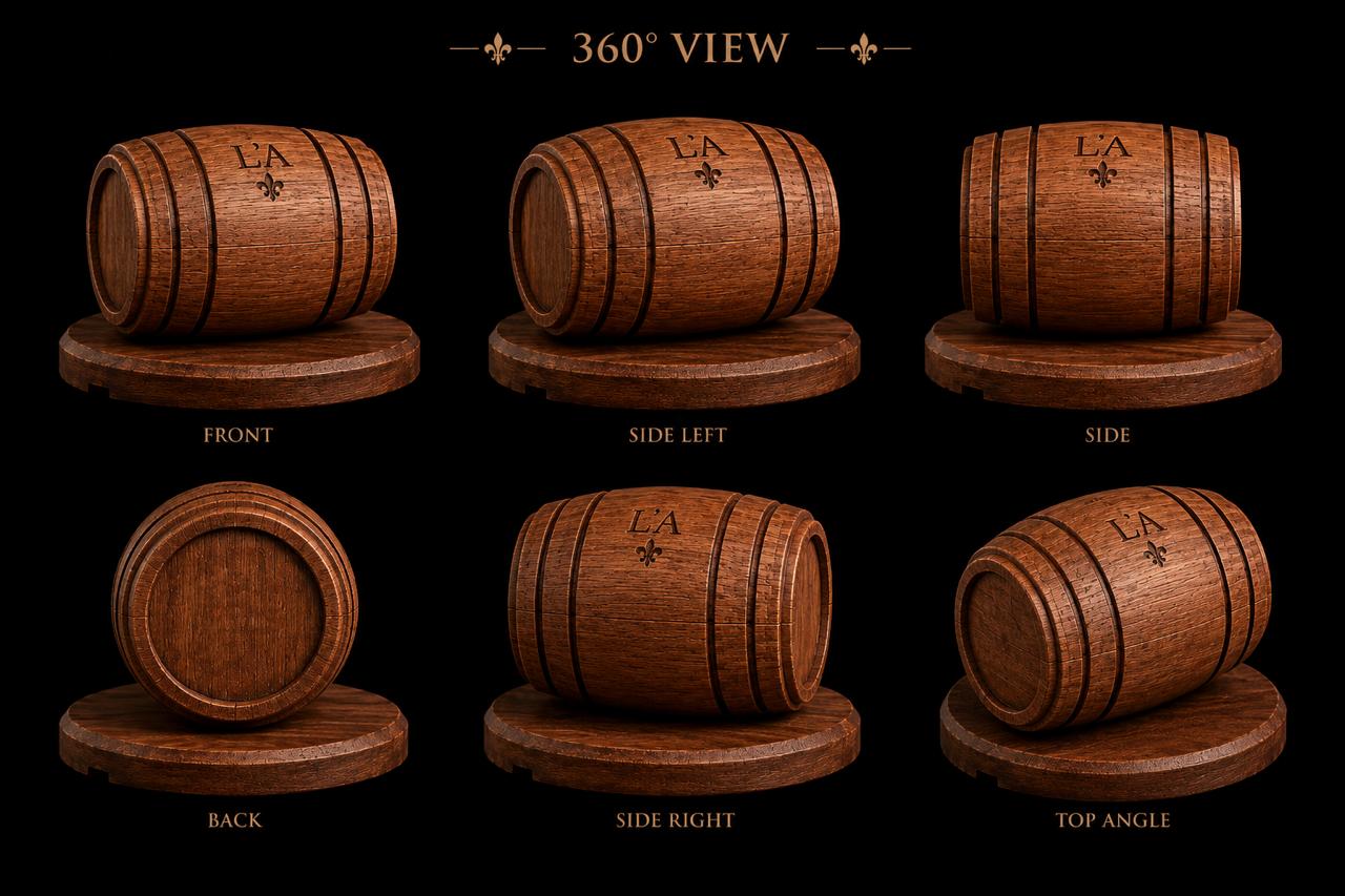 The engraved L'A barrel from every angle — a 360° view