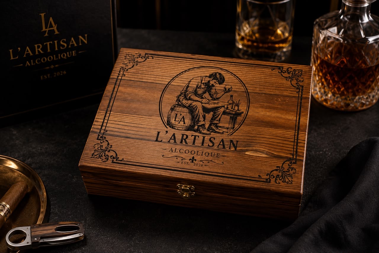 The L'Artisan Alcoolique engraved wooden box, closed