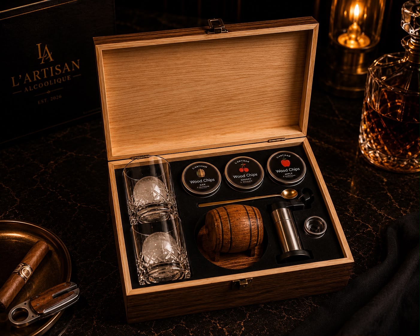 The open L'Artisan kit — glasses, barrel, tools and wood-chip tins