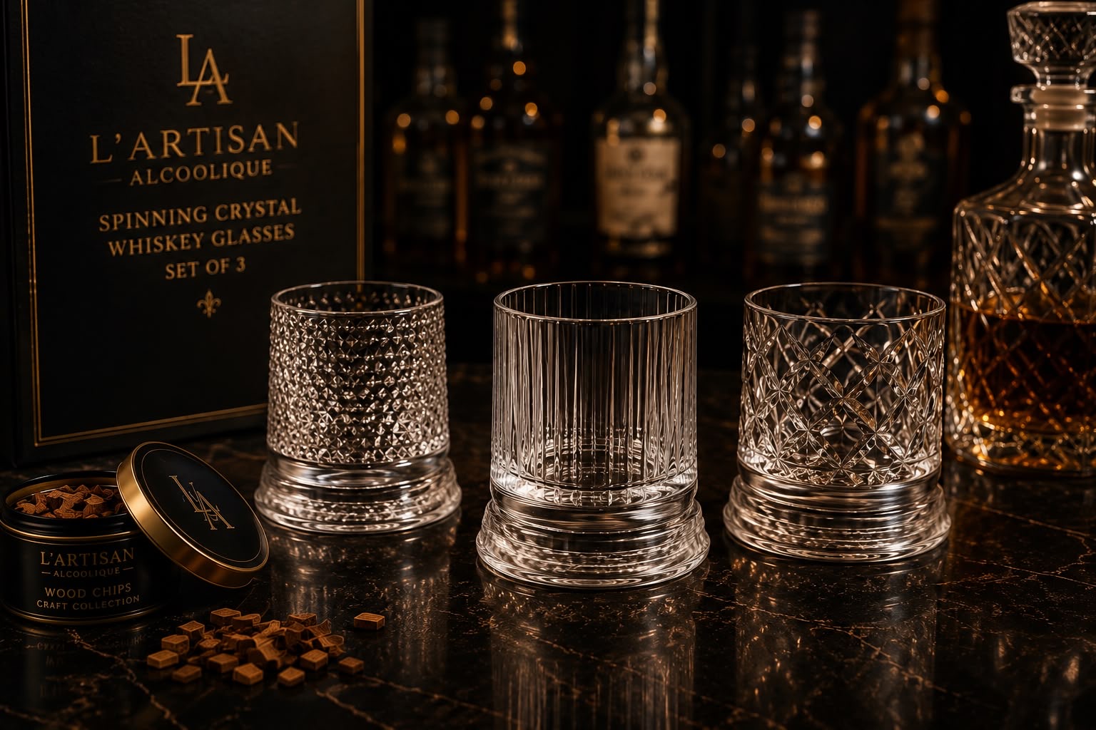 L'Artisan spinning crystal whiskey glasses, set of three