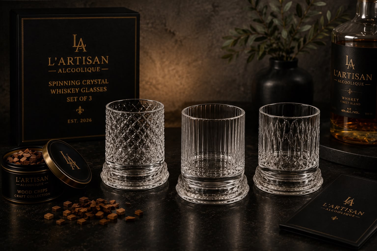 Spinning crystal whiskey glass, close up