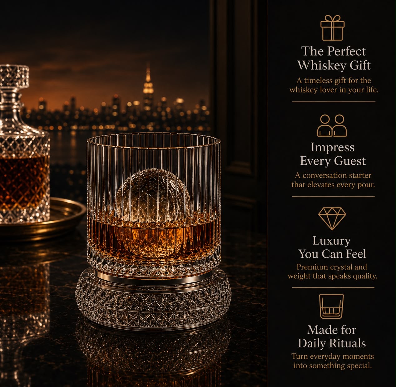 Spinning crystal whiskey glass on its 360° base, with decanter and city skyline